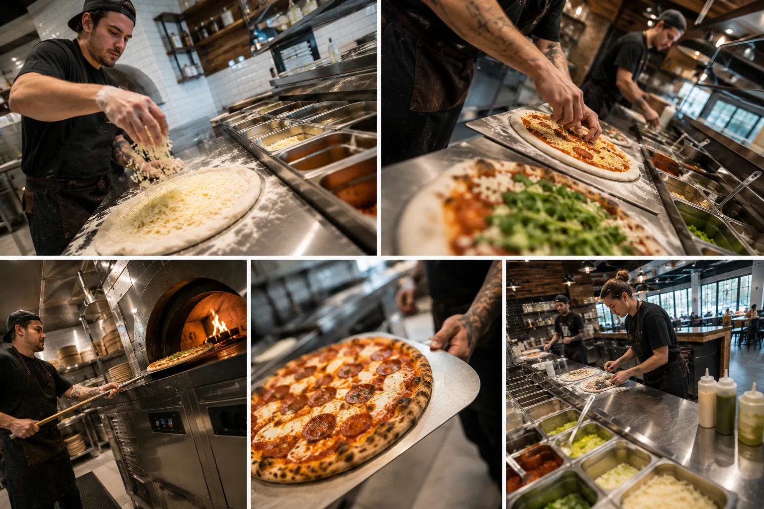 Restaurant team preparing pizza orders in a working kitchen.