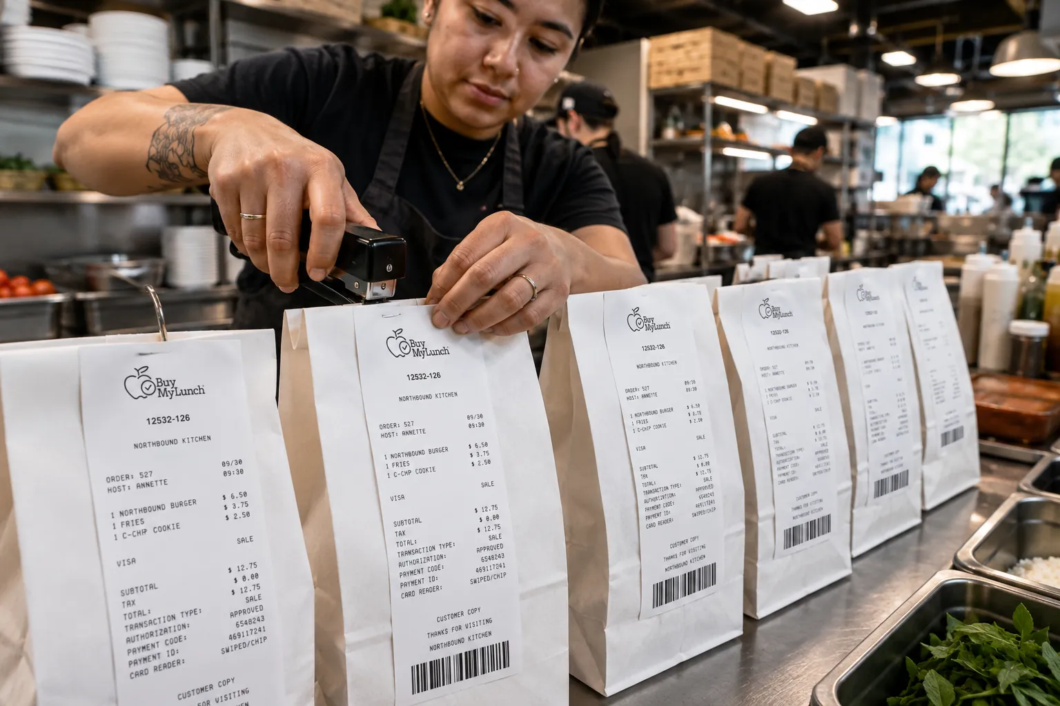 Restaurant staff preparing labeled lunch bags for school delivery.