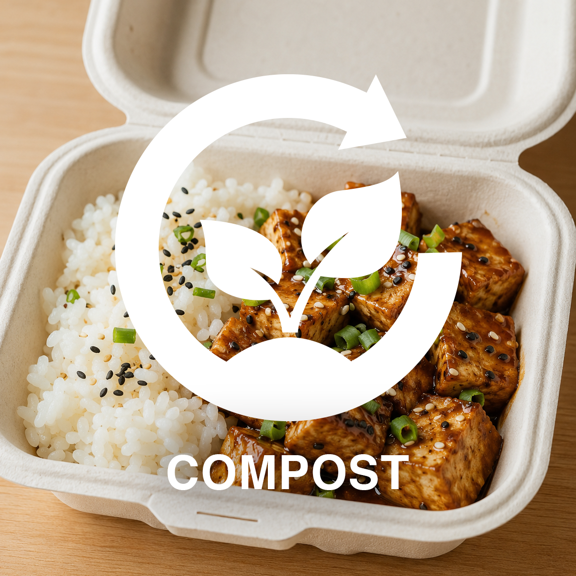 Compostable food delivery container marked for school lunch composting.