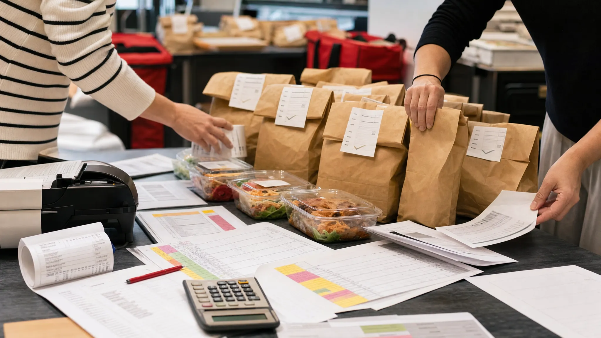 Restaurant-prepared school lunches, paperwork, and order details arranged for cost planning.