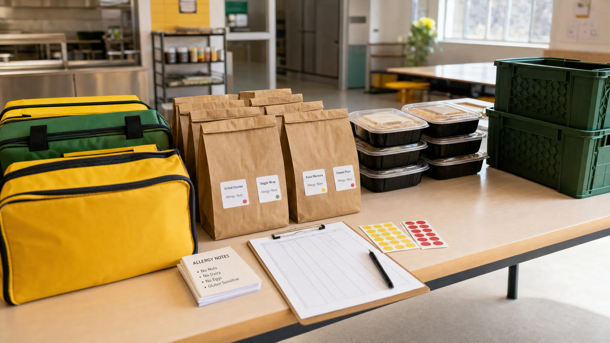Restaurant-prepared school lunches, labeled bags, delivery totes, and roster paperwork arranged for school handoff.