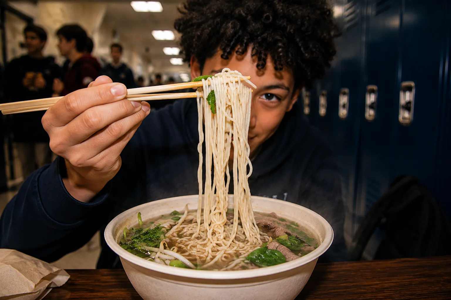 Student holding a noodle bowl in a school hallway.