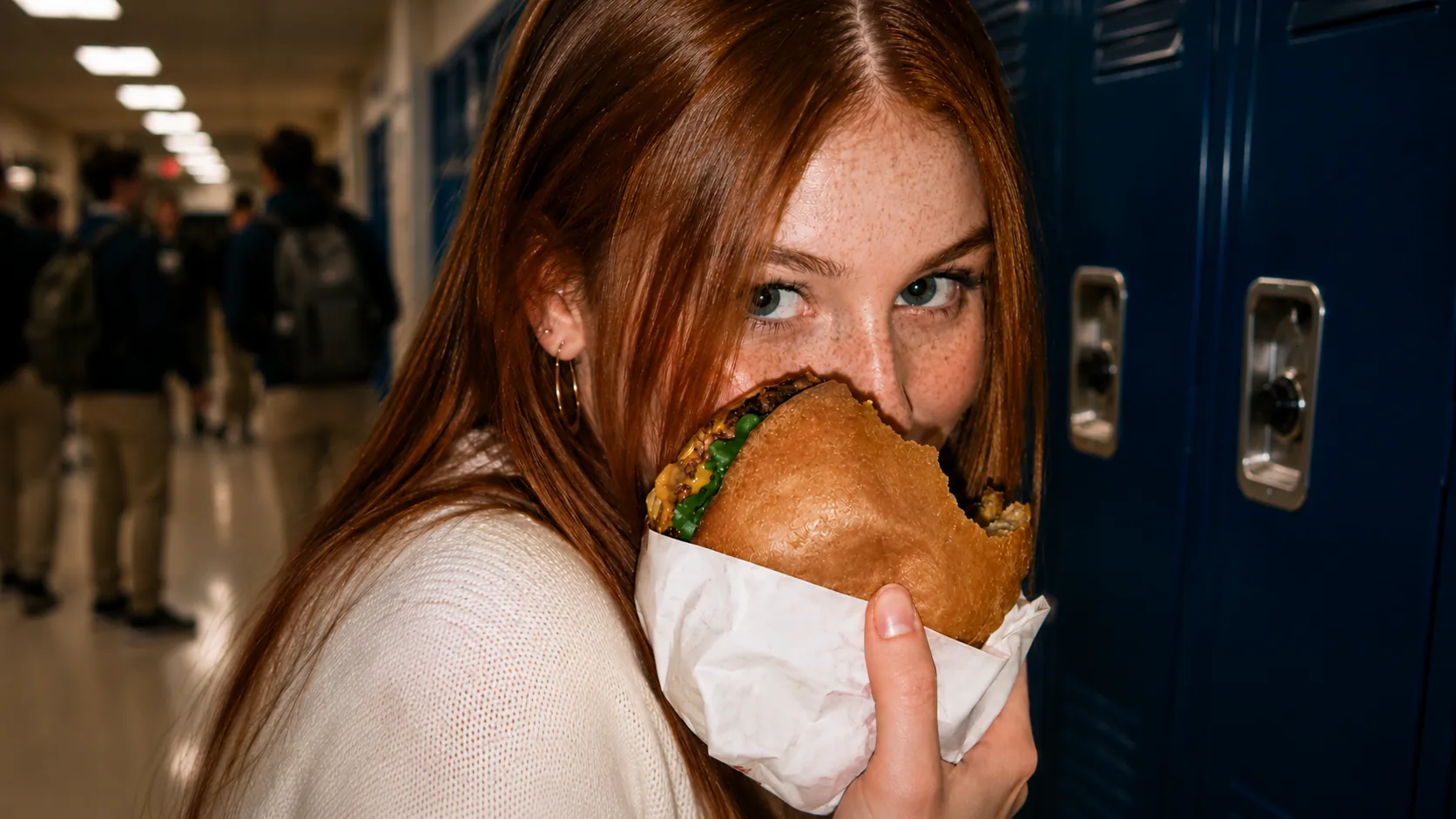 Student eating a restaurant-prepared sandwich in a school hallway.