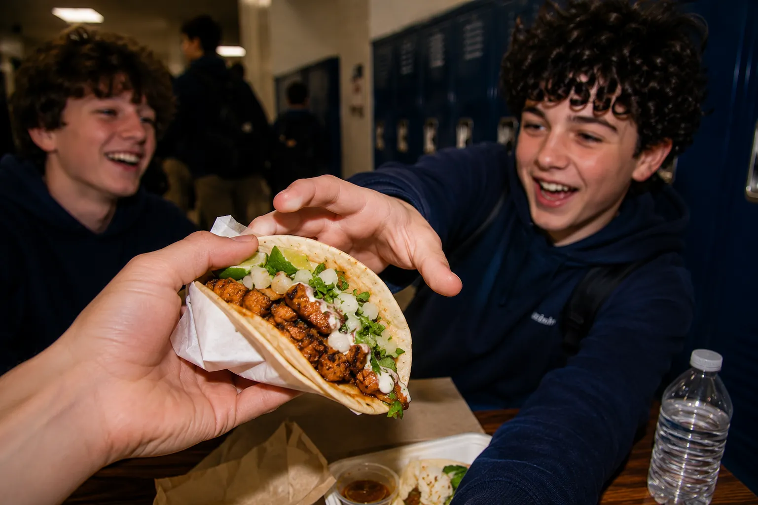 Students sharing a restaurant-prepared taco during lunch.