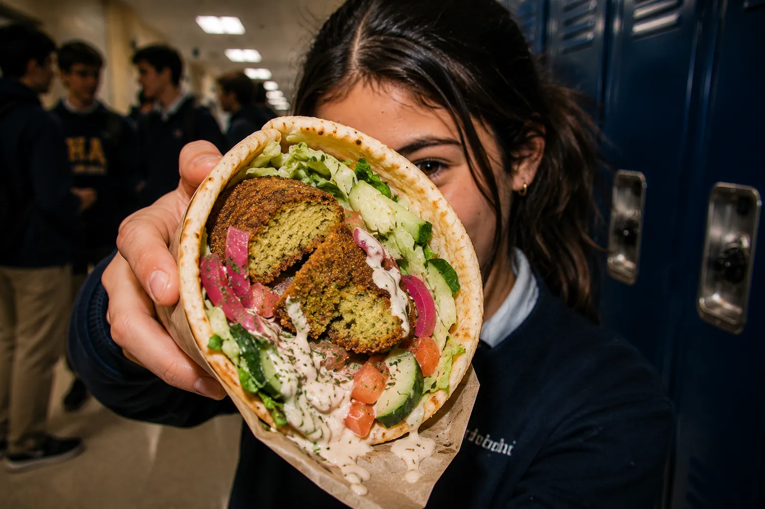 Student holding a vegetable and falafel wrap at school.